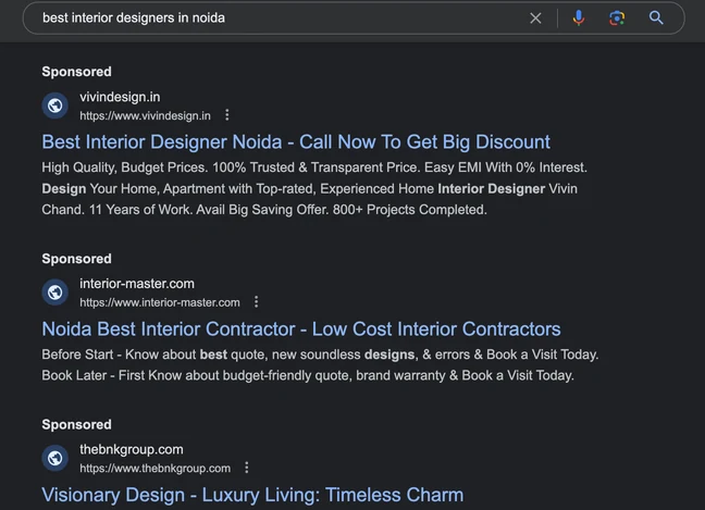 Google search for best interior designers in noida with the Vivin Design ad first