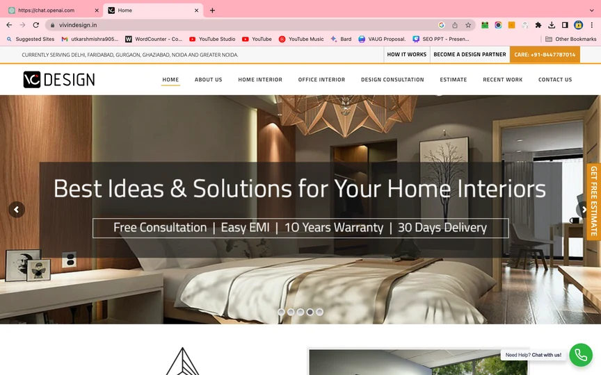 VC Design website home page with the headline Best Ideas and Solutions for Your Home Interiors