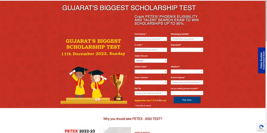 PETEX landing page announcing Gujarat's biggest scholarship test on 11 December 2022 with a registration form