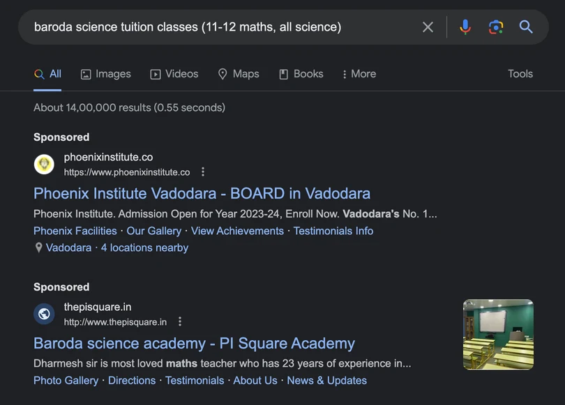Google search results with the Phoenix Institute Vadodara ad at the top