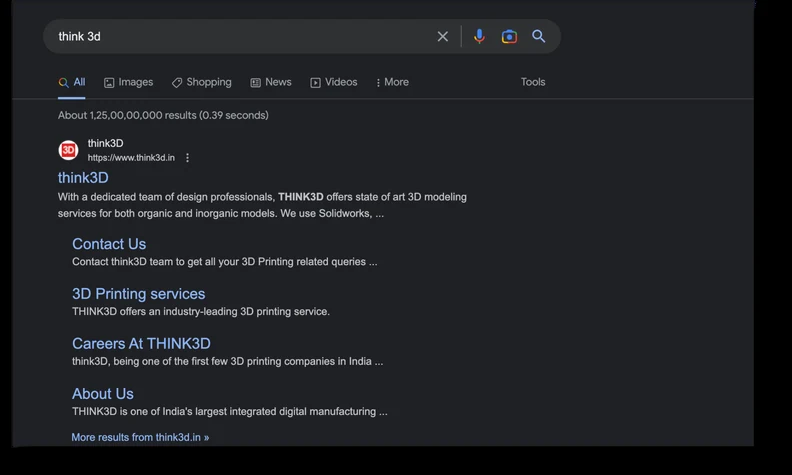 Google search results for think 3d showing Think3D with site links