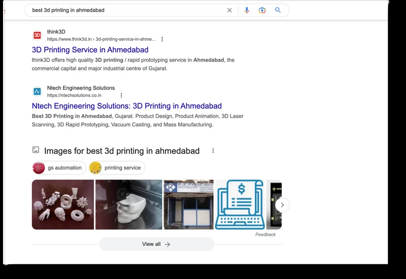 Google search results for best 3d printing in ahmedabad with Think3D as the first result